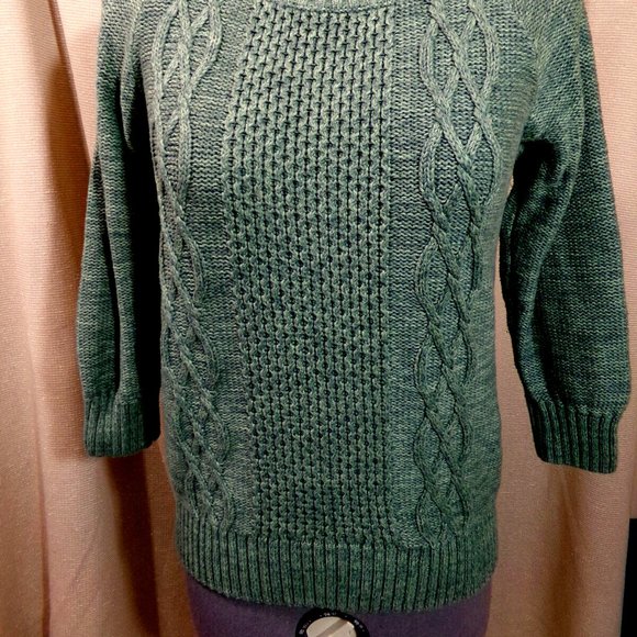 LL. BEAN Crew neck Crochet knit sweater top XS Olive Green Cable knit pullover - Picture 4 of 8